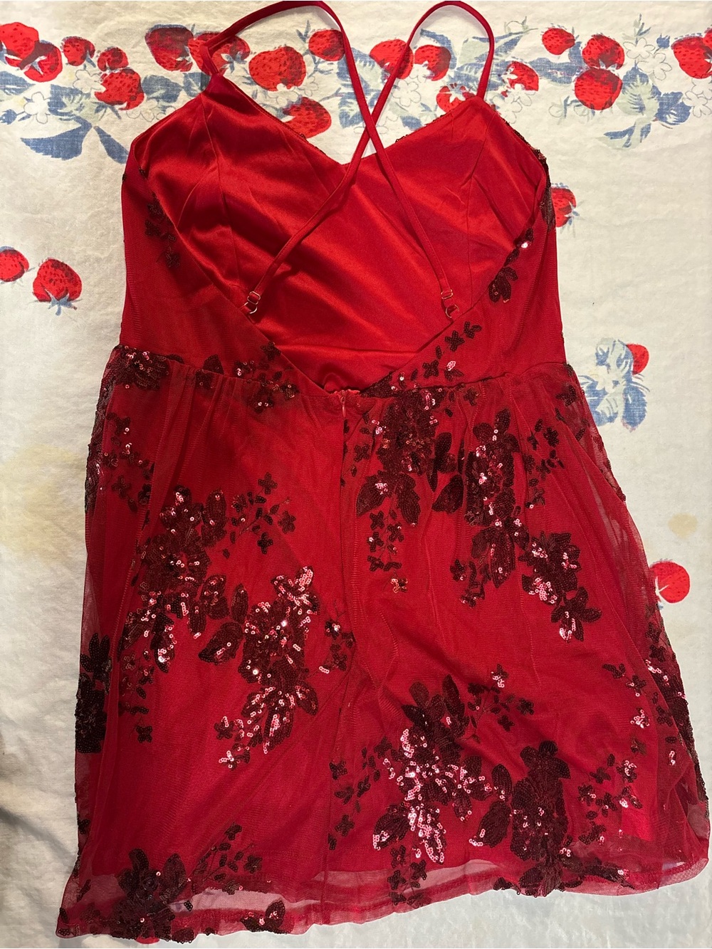 Red Sequined Mesh Overlay Dress